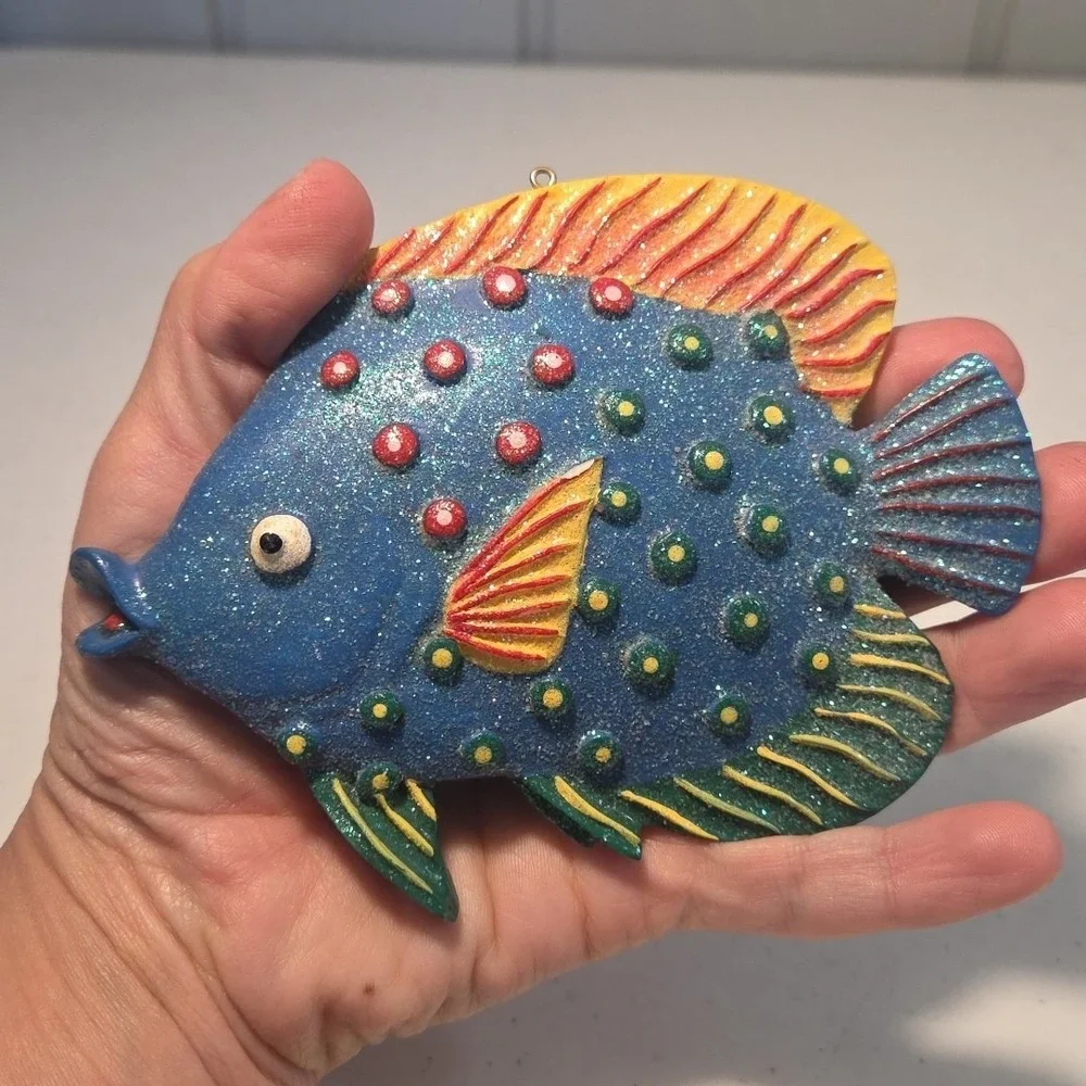 Vintage Sparkly Tropical Plaster Fish Wall Glittee Rainbow Ocean Water Plaque
